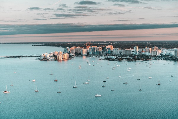 An aerial view of Tampa bay from a helicopter.