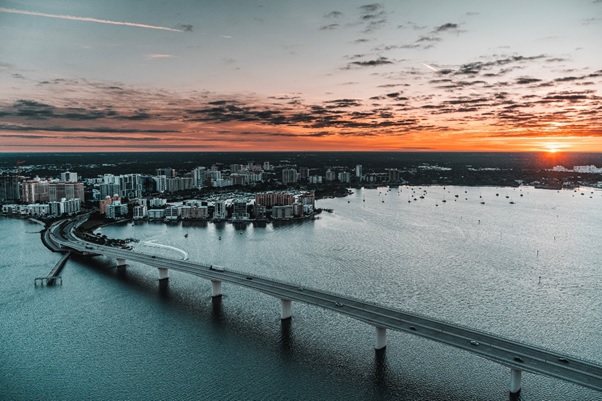 Tampa Bay and bridge from a helicopter at sunset.