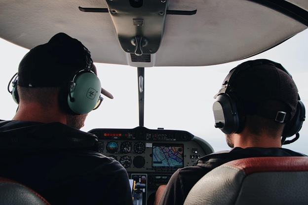 Flight crew in a helicopter