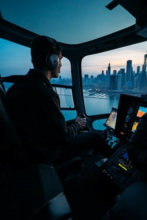 Helicopter pilot looking over Denver