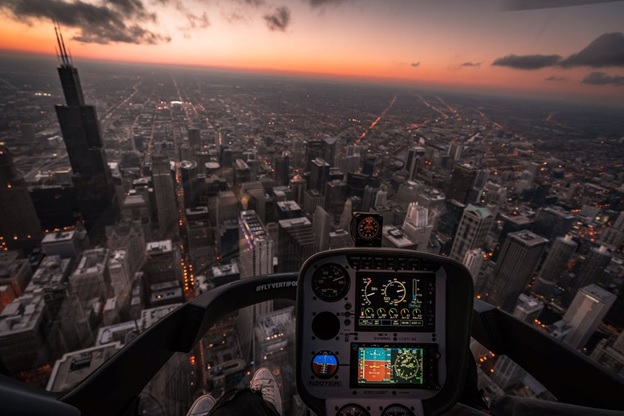 flying in a helicopter over Denver