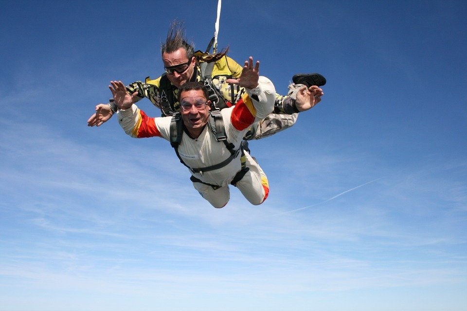 A man skydiving with an instructor